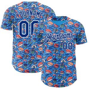 Custom Sky Blue Royal-White 3D Pattern Design Foodie Sushi Doodle Authentic Baseball Jersey