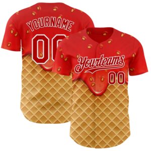 Custom Red Yellow-White Foodie Food Dessert Melting Cream Waffle Grid Authentic Baseball Jersey