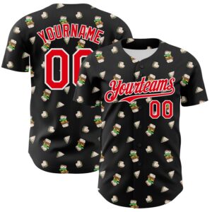 Custom Black Fire Red-White 3D Pattern Design Foodie Fast Food Sandwich Authentic Baseball Jersey