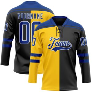 Custom Black Royal Yellow-White Split Fashion Hockey Lace Neck Jersey