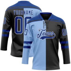 Custom Black Royal Light Blue-White Split Fashion Hockey Lace Neck Jersey